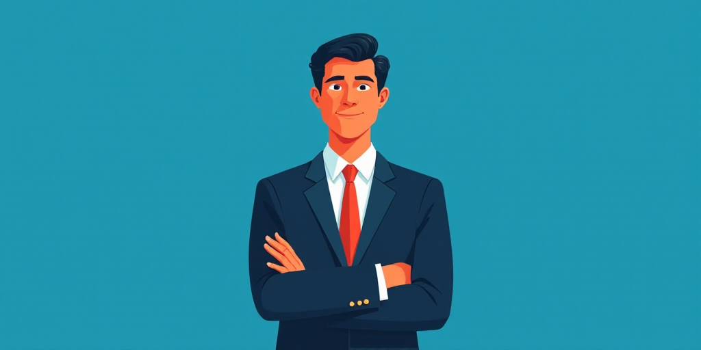 a man in a suit and tie standing with his arms crossed in front of him, with a blue background, Carl