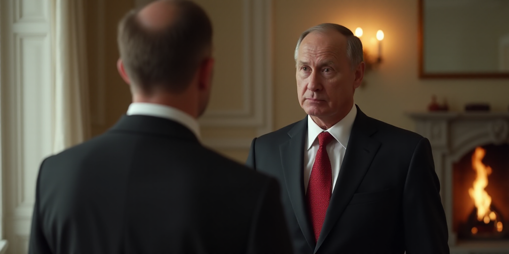 a man in a suit and tie talking to another man in a black shirt and red tie and a white fireplace, B