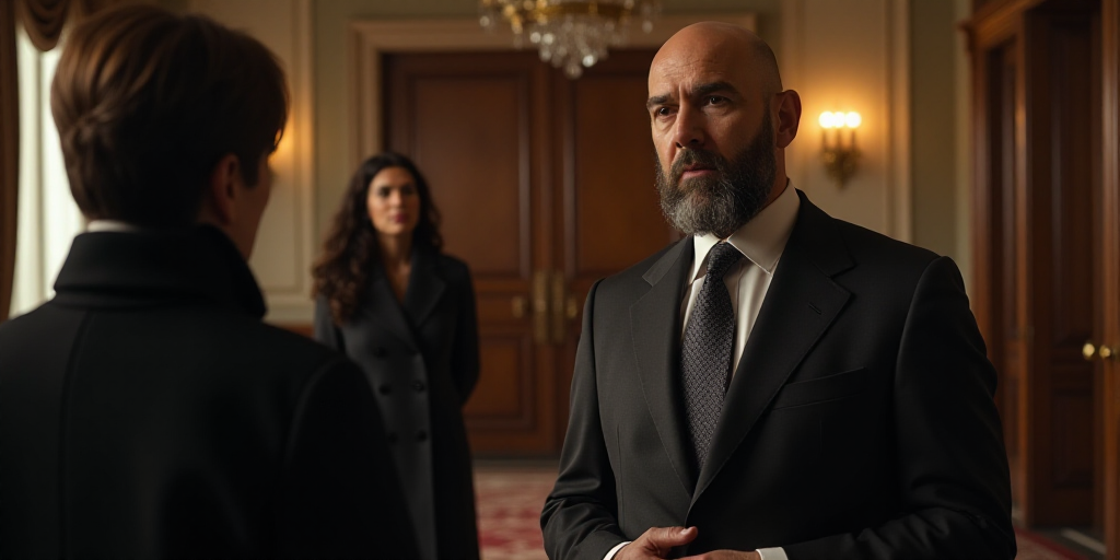 a man in a suit and tie talking to a reporter in a room with ornate doors and a woman in a black coa