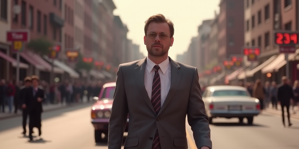 a man in a suit and tie walking down a street with a car behind him and people walking behind him, D