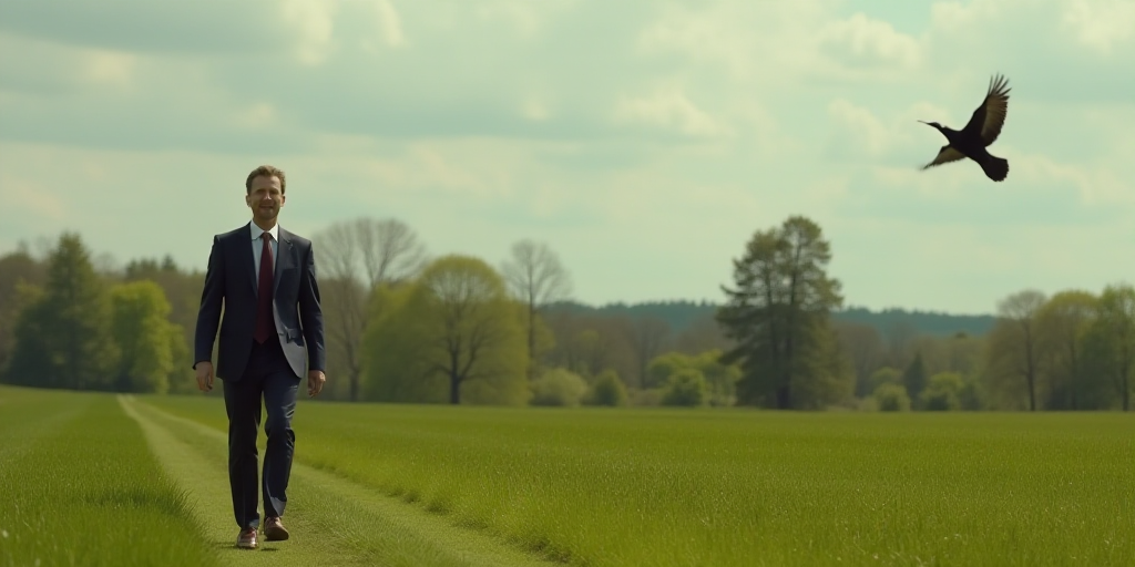 a man in a suit and tie walking across a field of grass with trees in the background and a bird flyi