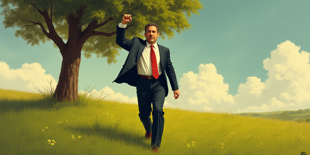 a man in a suit and tie walking in the grass with his fist up in the air and a tree in the backgroun