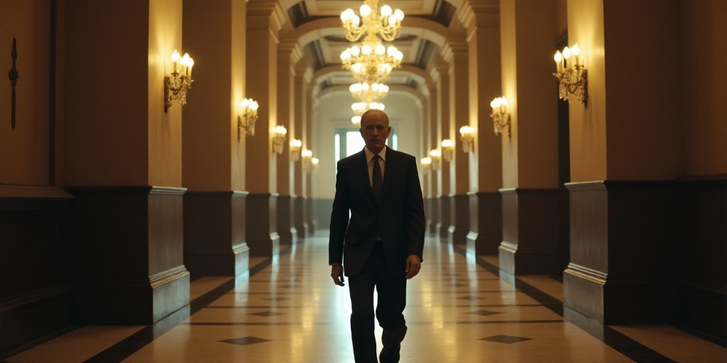 a man in a suit and tie walking down a hallway in a building with columns and a chandelier, Donald R
