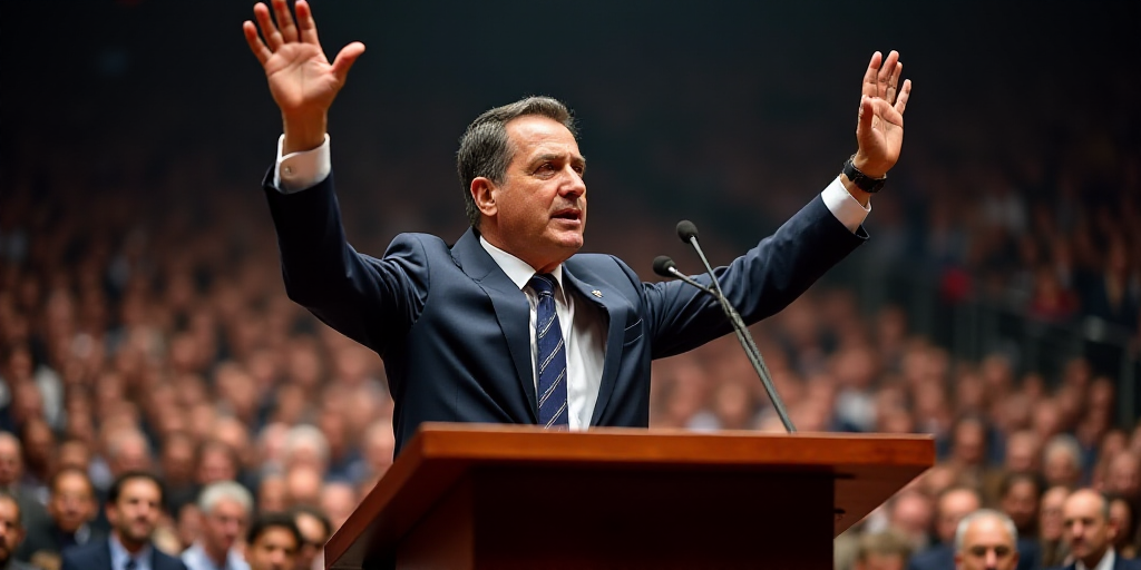 a man in a suit and tie waves to the crowd from a podium with his hands up in the air, Alejandro Obr