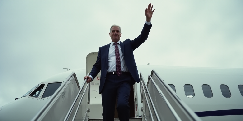 a man in a suit and tie waves from a plane ladder as he stands on the tarmac with his fist raised, D