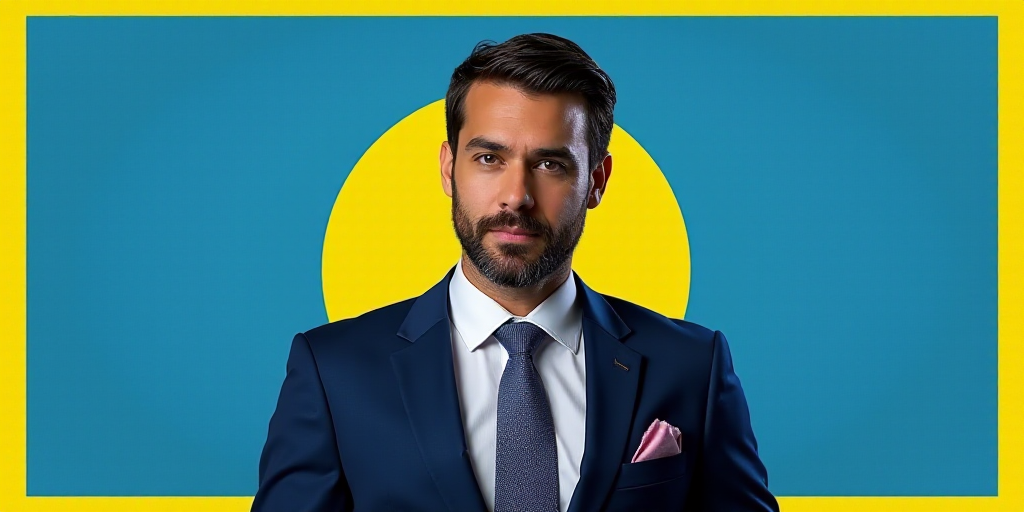 a man in a suit and tie with a blue background and a yellow border around him is a business card wit