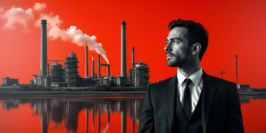 a man in a suit and tie with a red background and a collage of images of a factory, Andries Stock, h