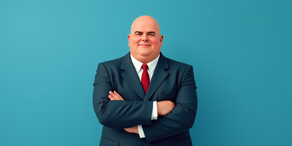 a man in a suit and tie with his arms crossed and his arms crossed, with a blue background, Fernando