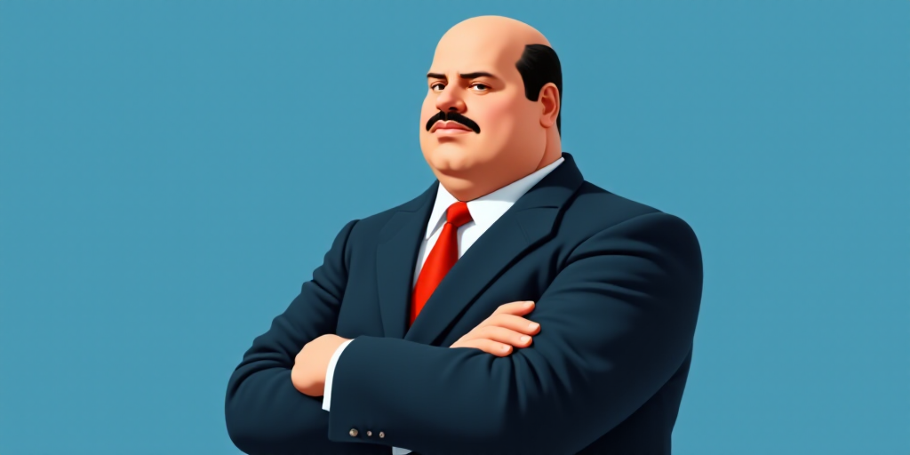 a man in a suit and tie with his arms crossed and his arms crossed, with a blue background, Fernando