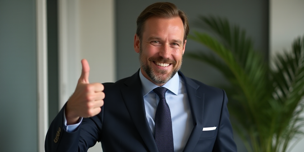 a man in a suit giving a thumbs up sign in a room with a potted plant in the background, Donald Roll