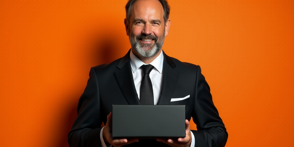 a man in a suit holding a black box in his hands and a white shirt and tie on his lap, Donald Roller