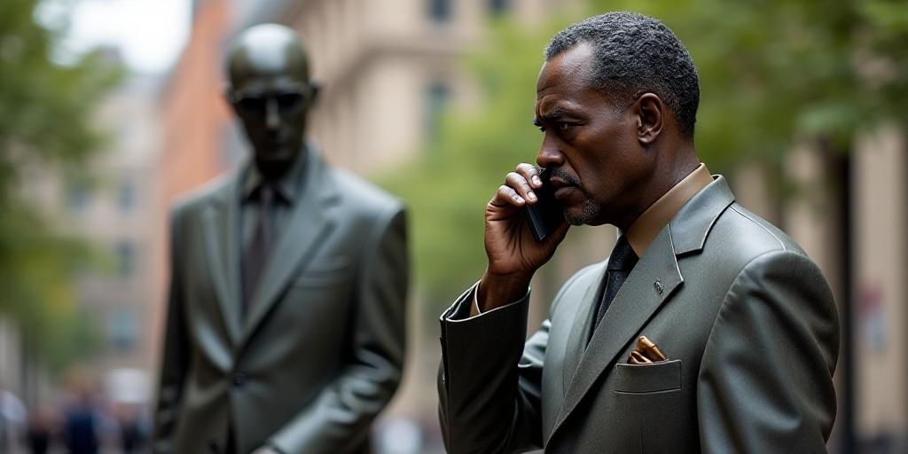 a man in a suit holding a cell phone to his ear and a statue of a man in a suit, Donald Roller Wilso