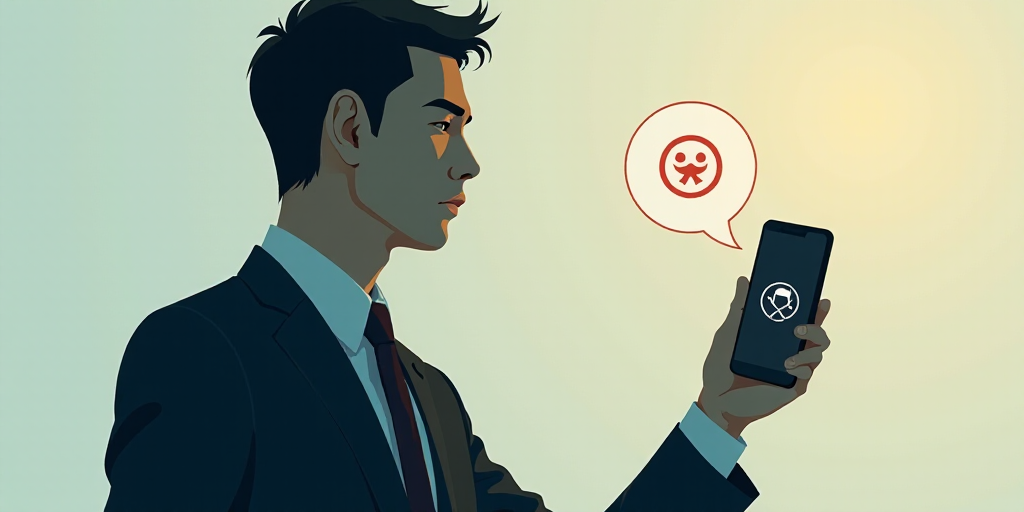a man in a suit holding a cell phone with a symbol on it and a speech bubble above it, Ai-Mitsu, cyb