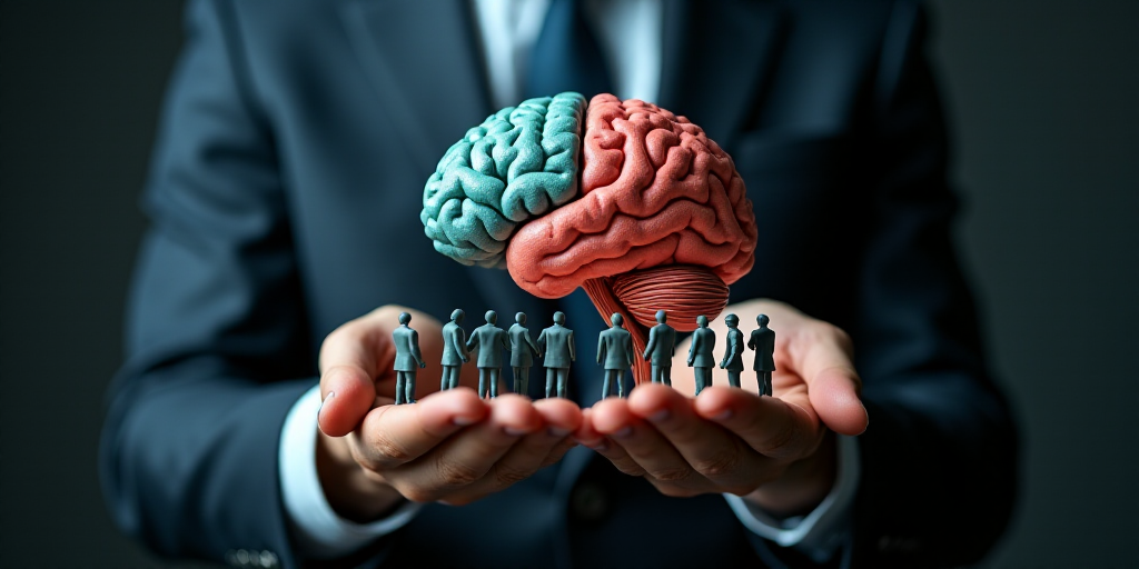 a man in a suit holding a small group of people in front of a brain model in his hands, Andries Stoc
