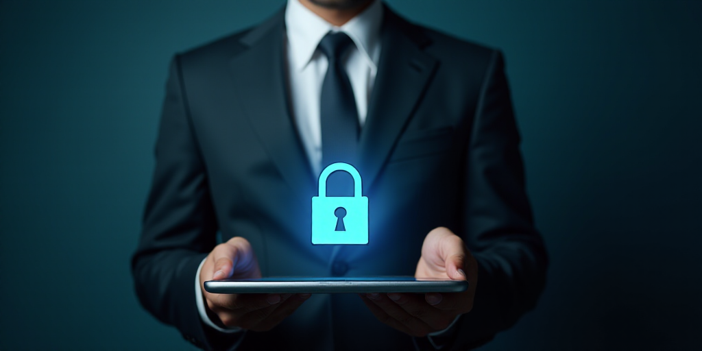 a man in a suit holding a tablet with a padlock on it and a padlock on the screen, Allen Tupper True