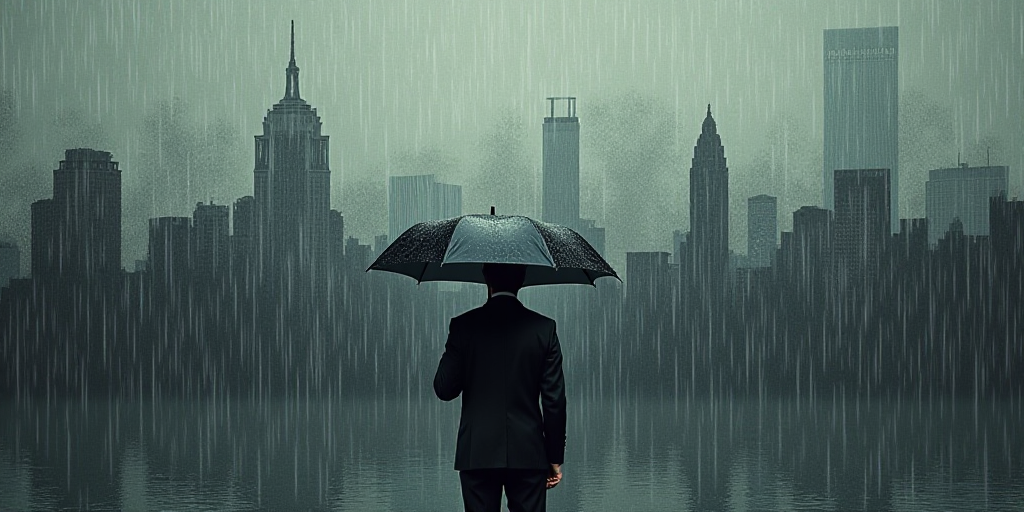 a man in a suit holding an umbrella in front of a cityscape wall with buildings drawn on it, Andries