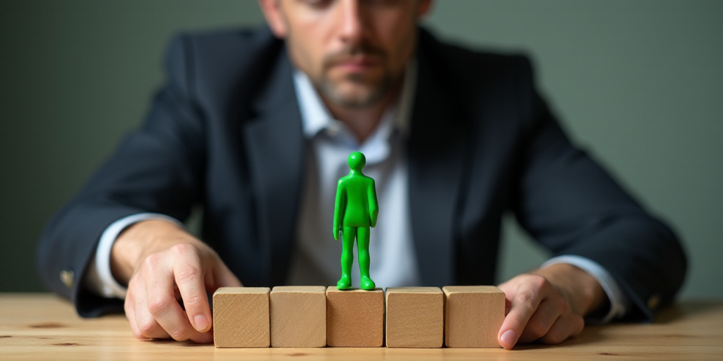 a man in a suit is playing with wooden blocks and a green man is standing on one side of the block,