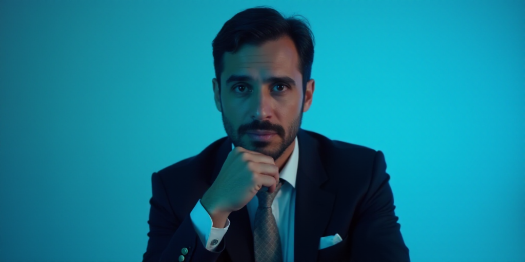 a man in a suit is posing for a picture with his chin resting on his hand, with a blue background, A