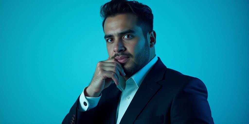 a man in a suit is posing for a picture with his chin resting on his hand, with a blue background, A