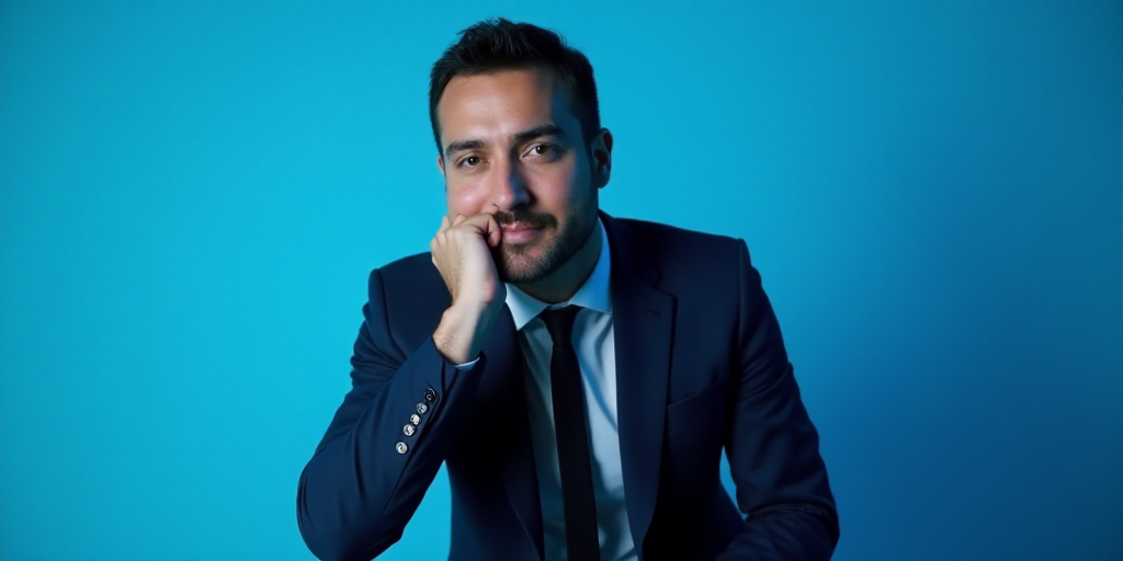 a man in a suit is posing for a picture with his chin resting on his hand, with a blue background, A