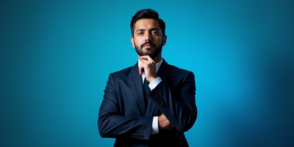 a man in a suit is posing for a picture with his chin resting on his hand, with a blue background, A