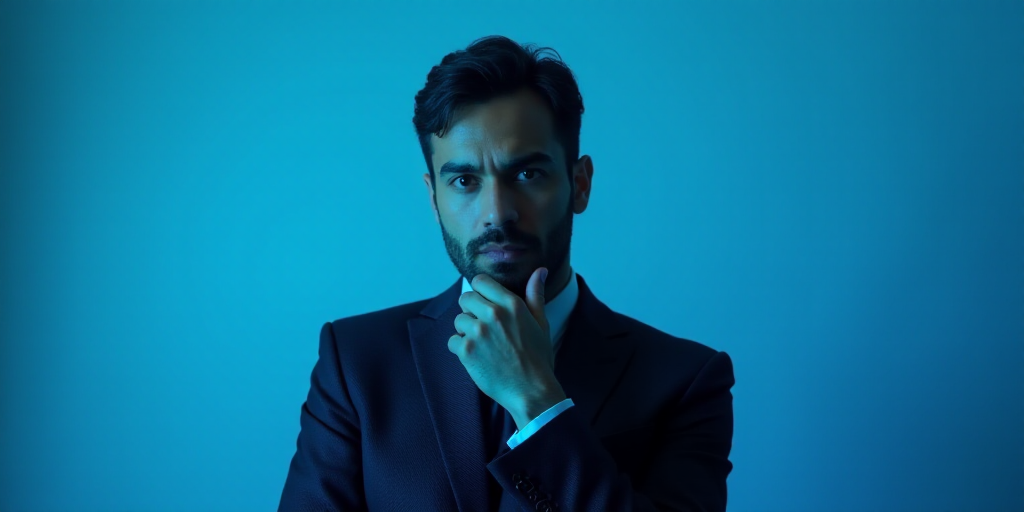 a man in a suit is posing for a picture with his chin resting on his hand, with a blue background, A
