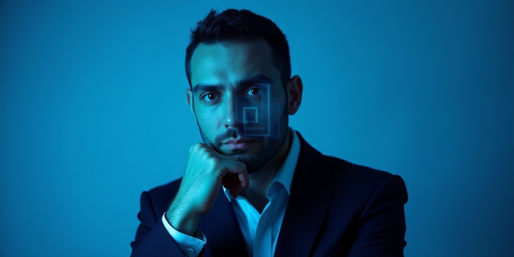 a man in a suit is posing for a picture with his chin resting on his hand, with a blue background, A