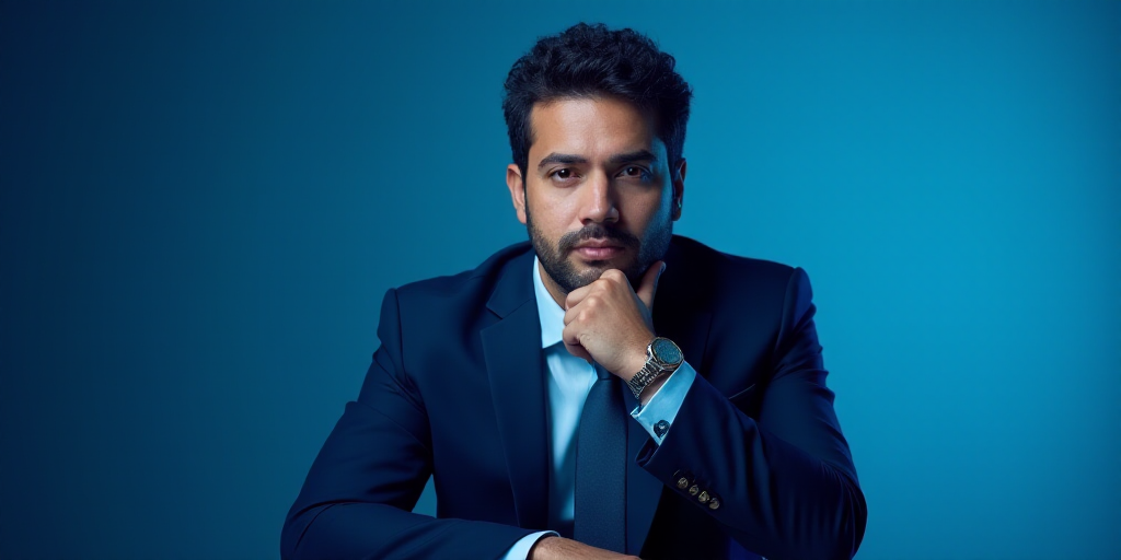 a man in a suit is posing for a picture with his chin resting on his hand, with a blue background, A