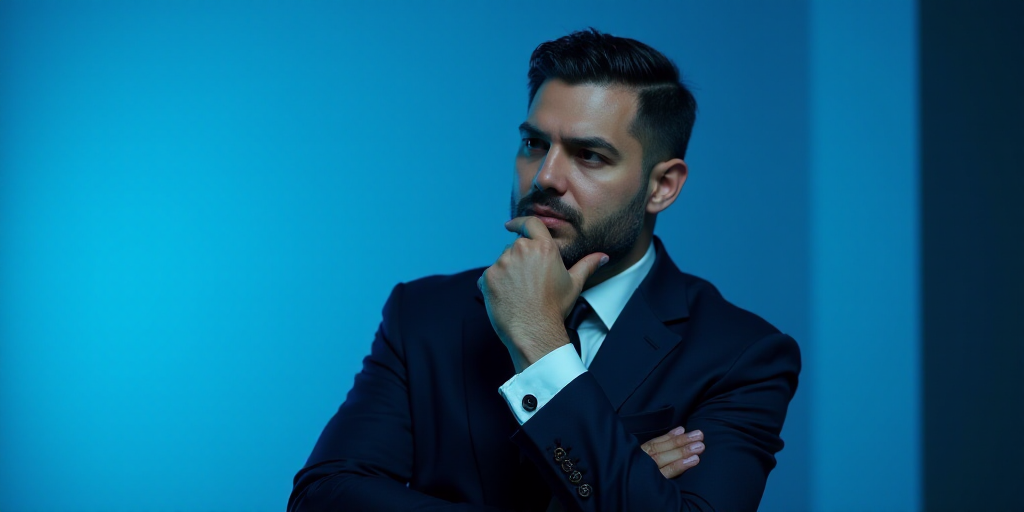 a man in a suit is posing for a picture with his chin resting on his hand, with a blue background, A