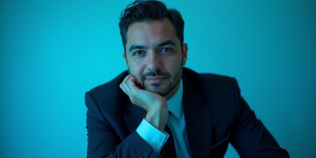 a man in a suit is posing for a picture with his chin resting on his hand, with a blue background, A