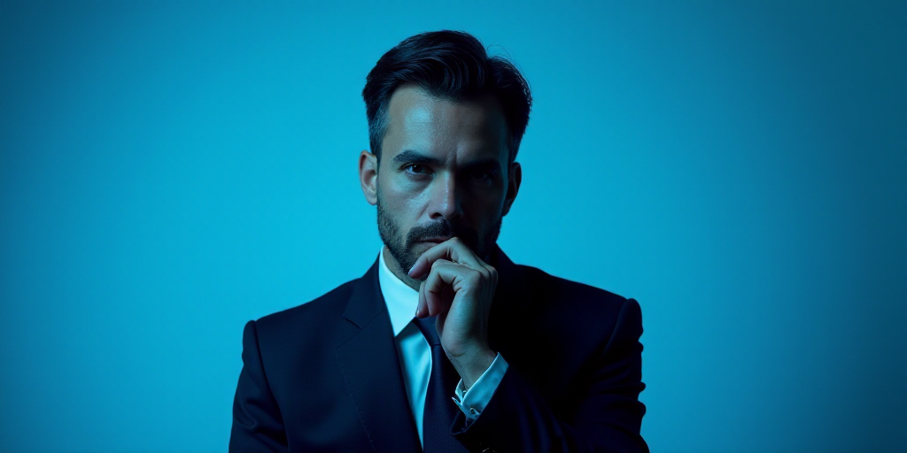 a man in a suit is posing for a picture with his chin resting on his hand, with a blue background, A