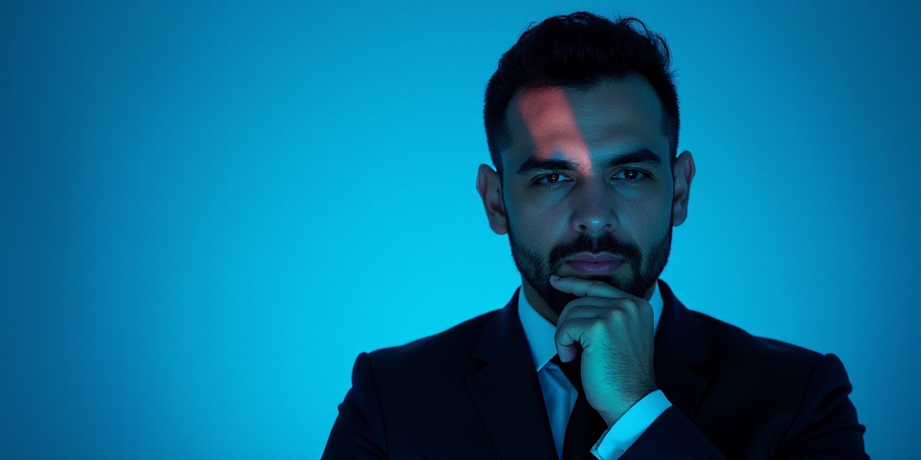 a man in a suit is posing for a picture with his chin resting on his hand, with a blue background, A