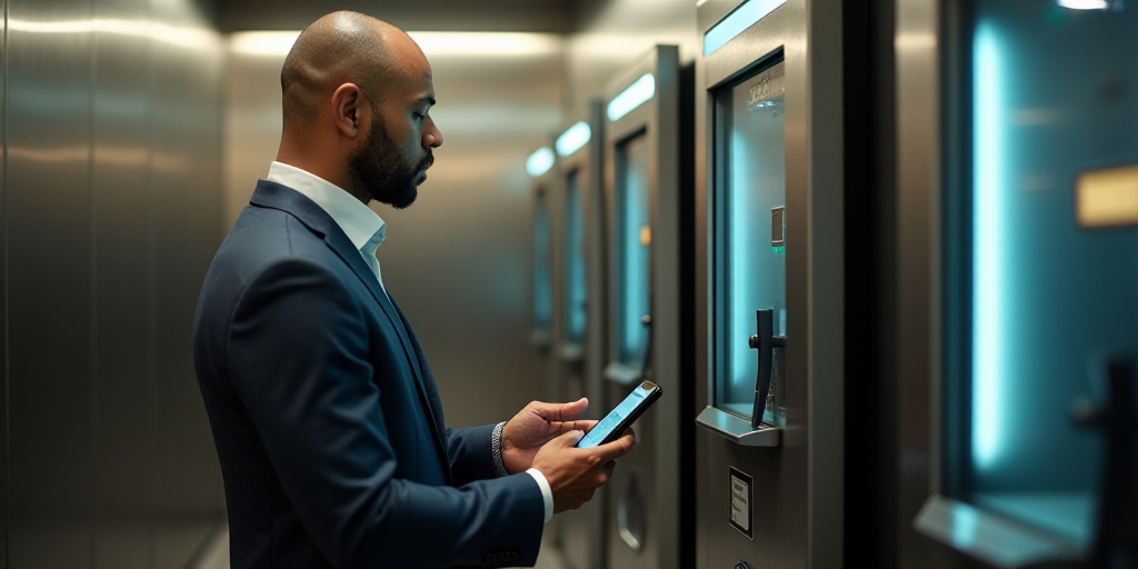 a man in a suit is using a cell phone to pay for something on a machine that is in a public restroom