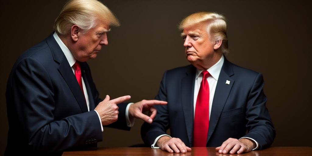 a man in a suit pointing at a fake donald trump head on a table with a red tie on, Donald Roller Wil