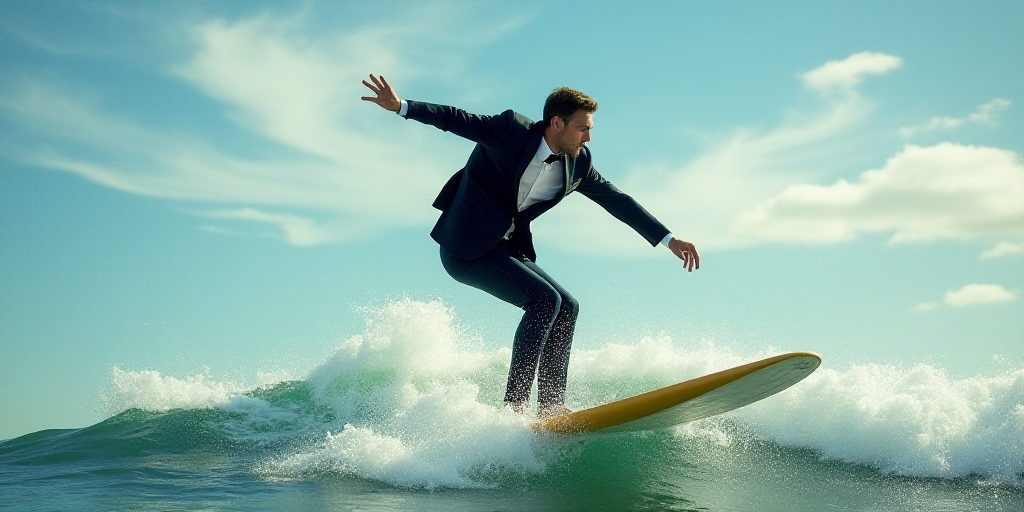 a man in a suit riding a surfboard on a wave in the ocean with a sky background and clouds, Andries