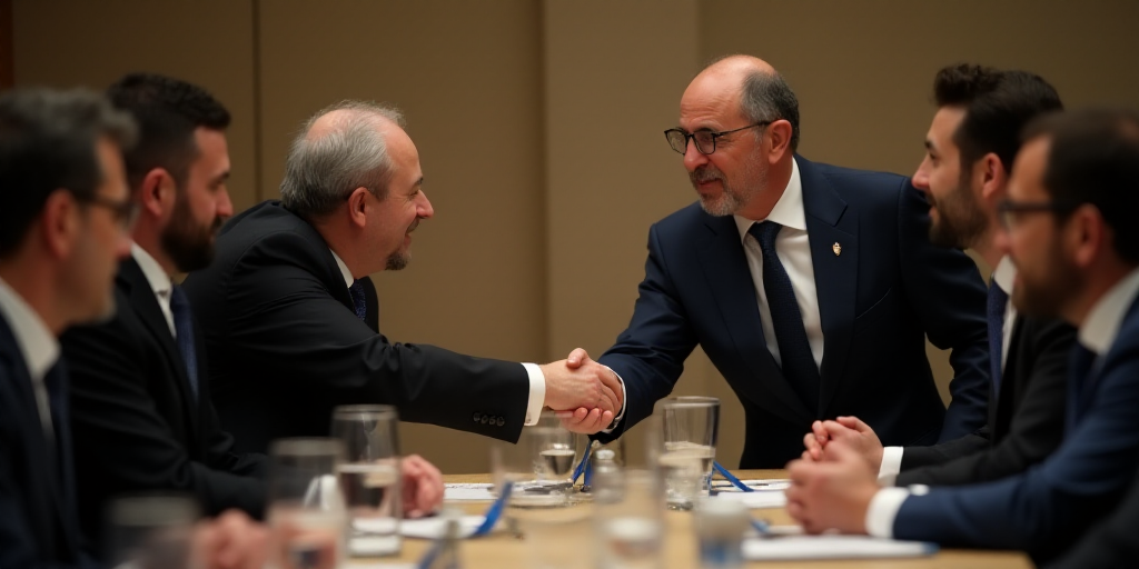 a man in a suit shaking hands with another man in a suit at a table with other people in suits, Avig