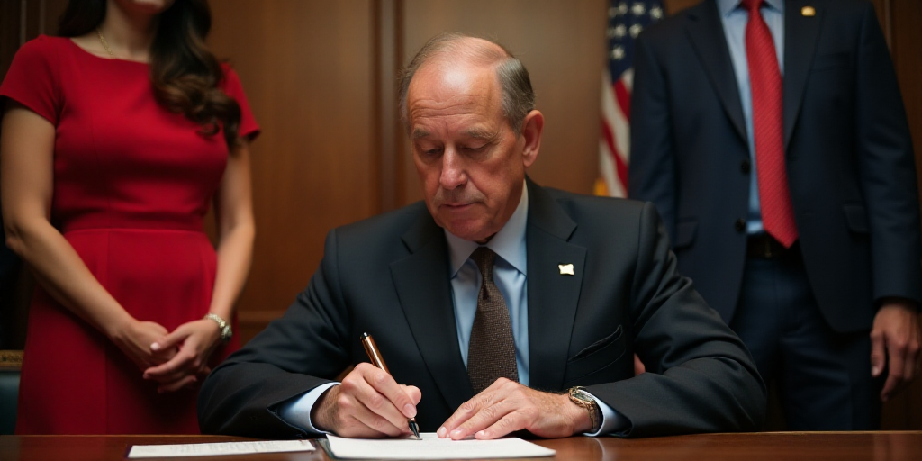a man in a suit signing a document with a woman in a red dress and a flag in the background, Donald
