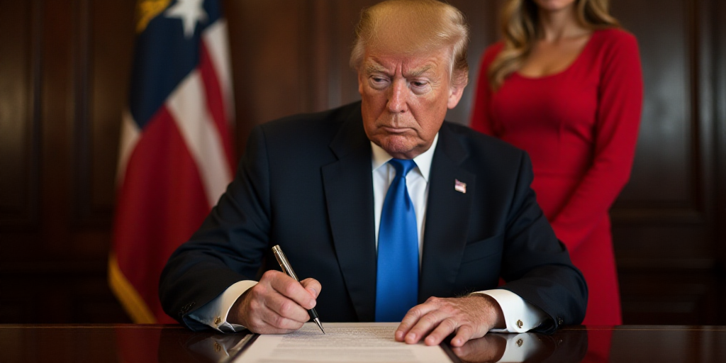a man in a suit signing a document with a woman in a red dress and a flag in the background, Donald
