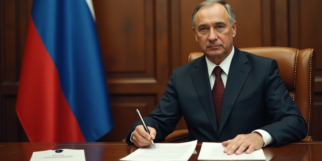 a man in a suit sitting at a table with papers and a pen in his hand and a russian flag behind him,