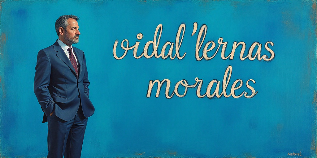 a man in a suit standing in front of a blue background with the words vidal llernas morales, Eduardo