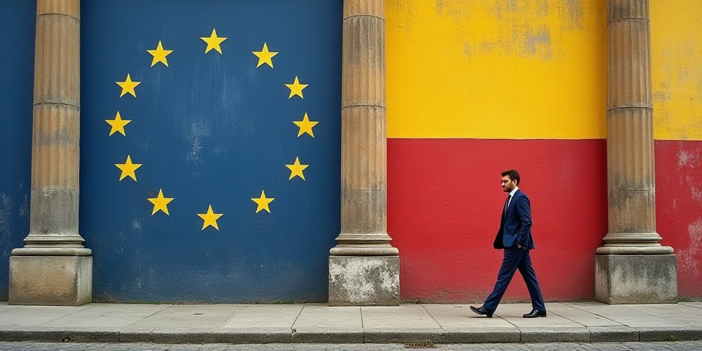 a man in a suit walking past a building with a european flag on it's side wall and a european flag o