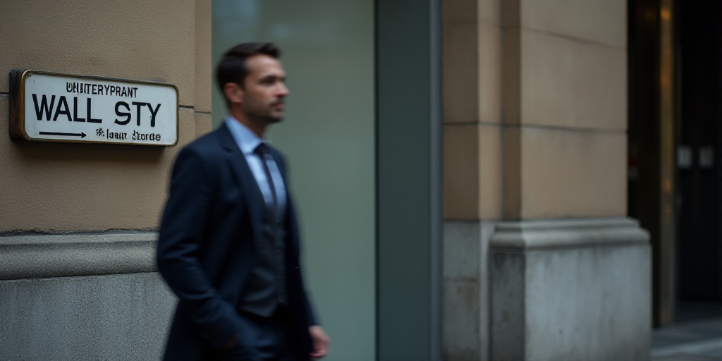 a man in a suit walks past a wall street sign on a building in new york city, new york, Andries Stoc