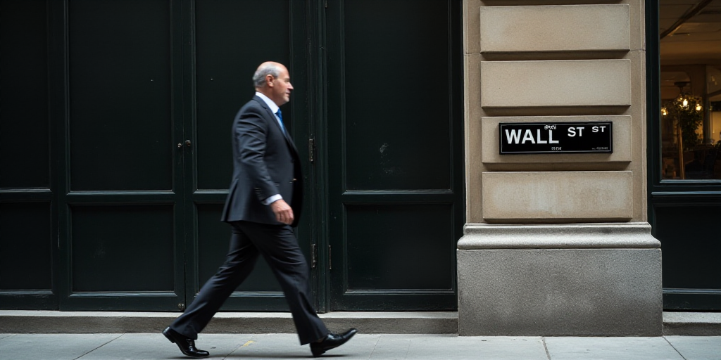 a man in a suit walks past a wall street sign on a building in new york city, new york, Andries Stoc