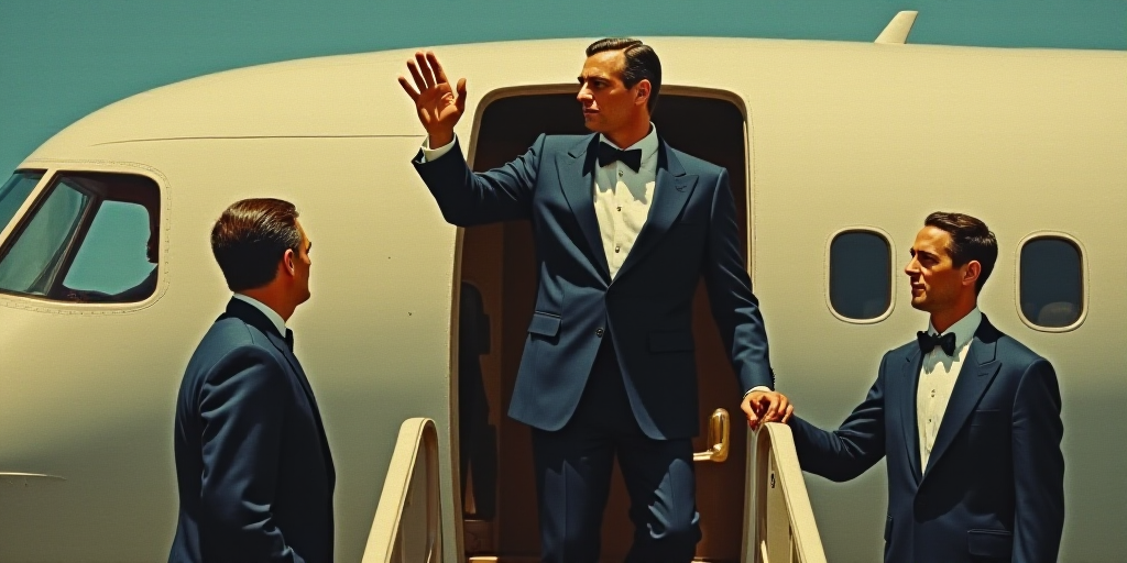 a man in a suit waves from a doorway as he boards a plane with another man in a suit, Donald Roller