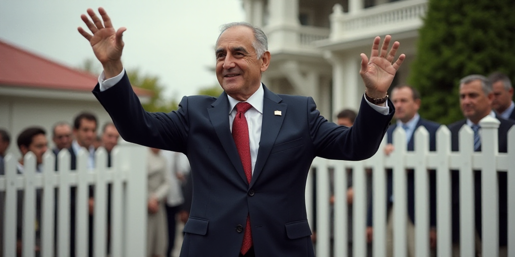a man in a suit waves to the crowd outside a building with a white fence and a white picket fence, A