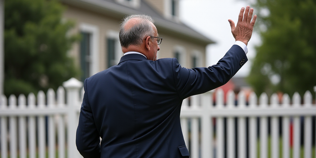a man in a suit waves to the crowd outside a building with a white fence and a white picket fence, A