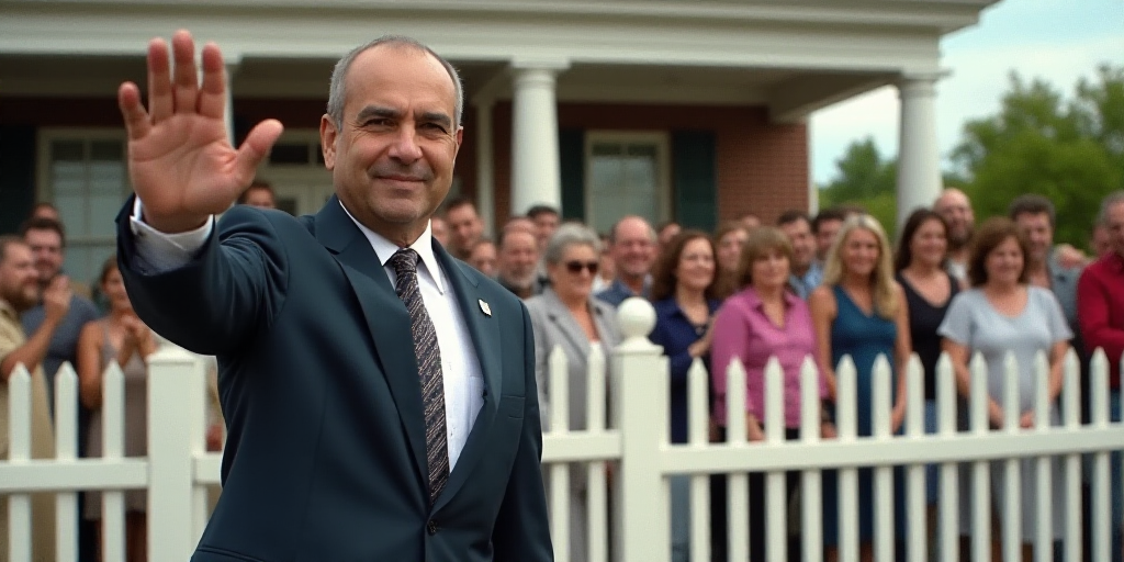 a man in a suit waves to the crowd outside a building with a white fence and a white picket fence, A