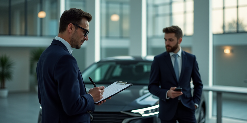 a man in a suit writing on a clipboard next to a car and another man in a suit, Dahlov Ipcar, profes