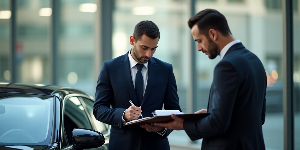 a man in a suit writing on a clipboard next to a car and another man in a suit, Dahlov Ipcar, profes