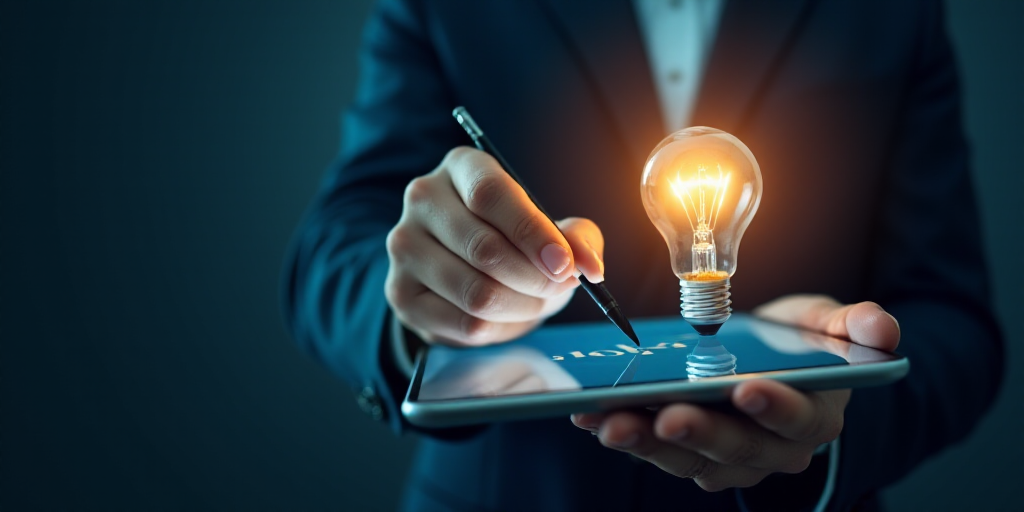 a man in a suit writing on a touch screen with a pen and a light bulb in the background, Andries Sto